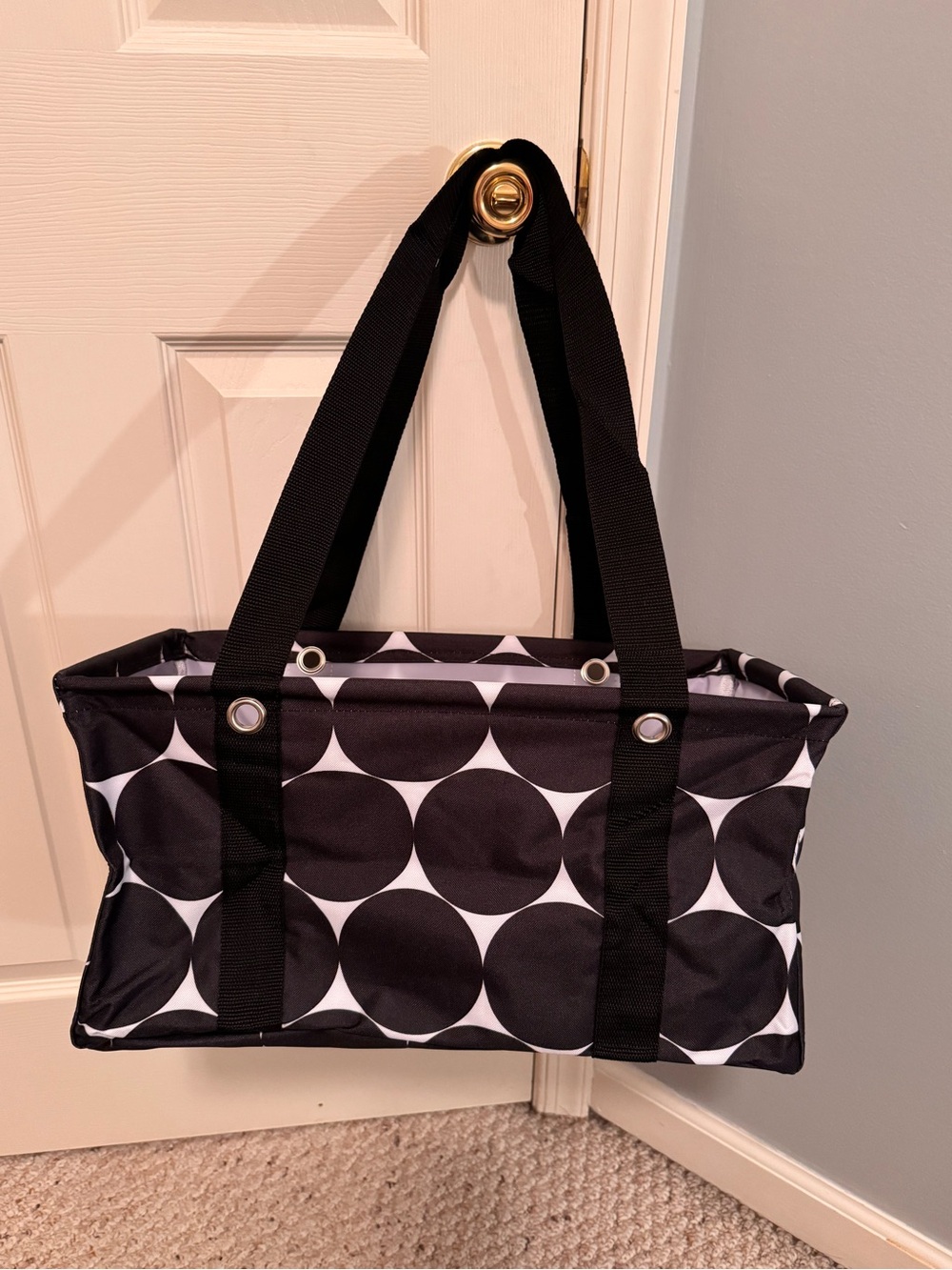Thirty-One Medium Utility Tote Bag With Large Black and White Polka Dots